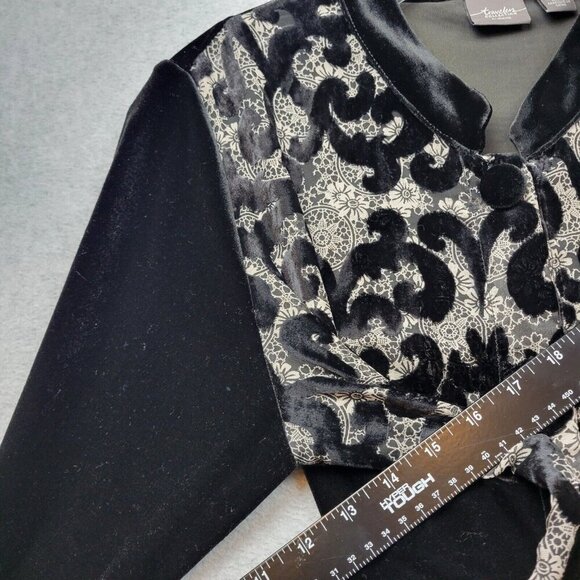 Chicos Travelers Womens Medium 1 Black Button-Front Tunic Velvet Jacket Stretch - Picture 8 of 11